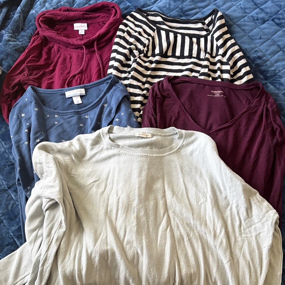 Mixed Maternity Long-Sleeve Tops Bundle - Cream, Burgundy, Blue, Black Stripe
